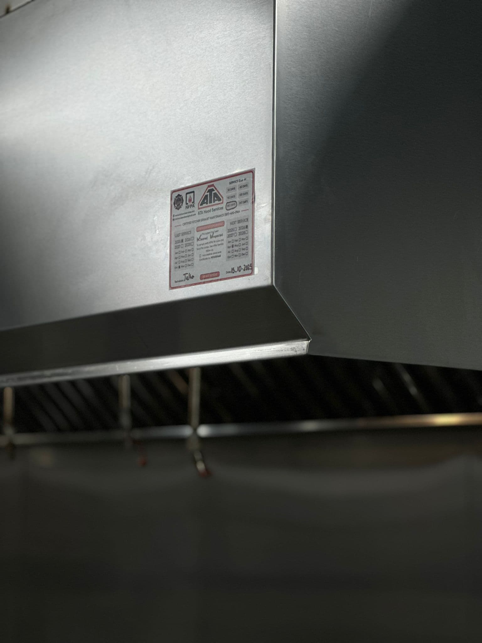 Kitchen exhaust hood service sticker